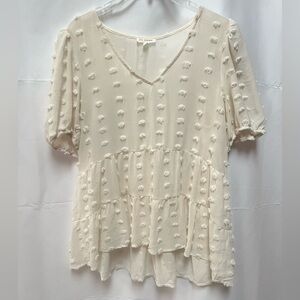 Blu Pepper Ivory Pom-Pom Tiered V-Neck Peplum Top